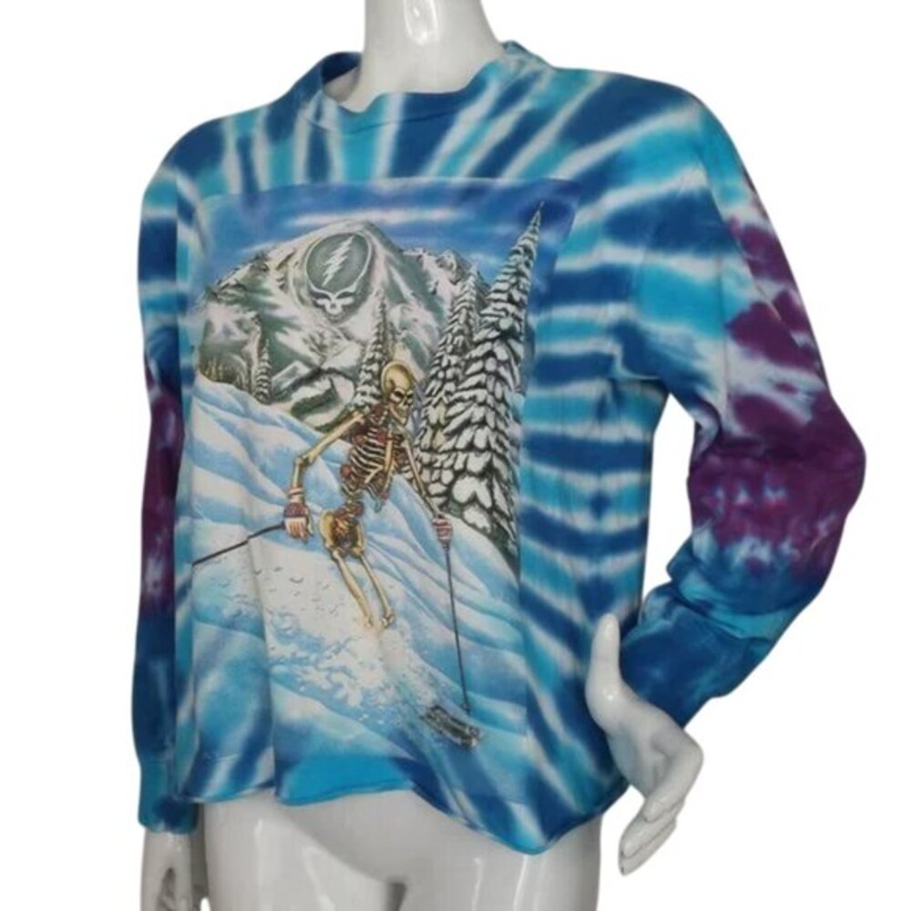 Vtg GRATEFUL DEAD Cropped Tee, L, Blue Tie-dye, Long sleeve, Skiing Skeleton - Picture 4 of 15